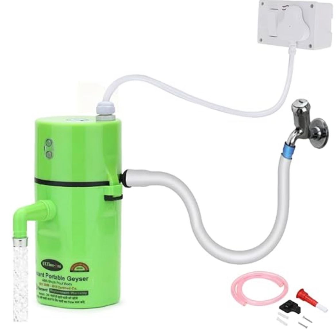 Green portable geyser with hoses and connectors on a white background
